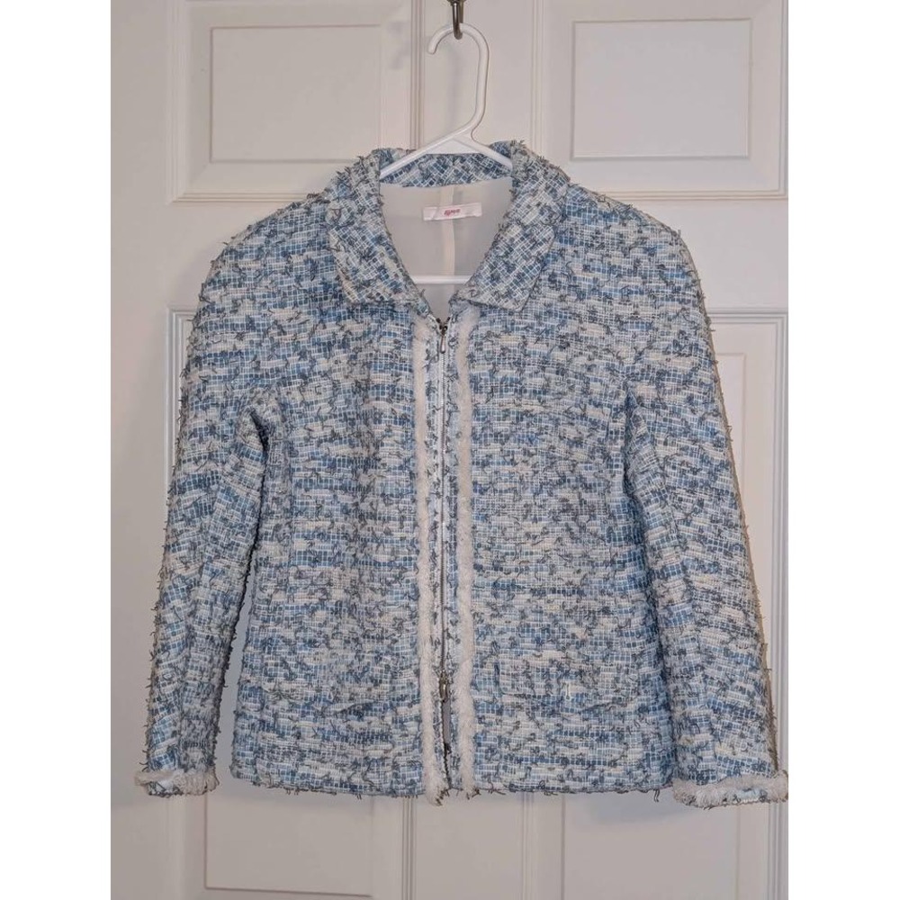 Leggiadro Blue White Boucle Tweed Jacket Fringe Trim Silk Lined Size 2
